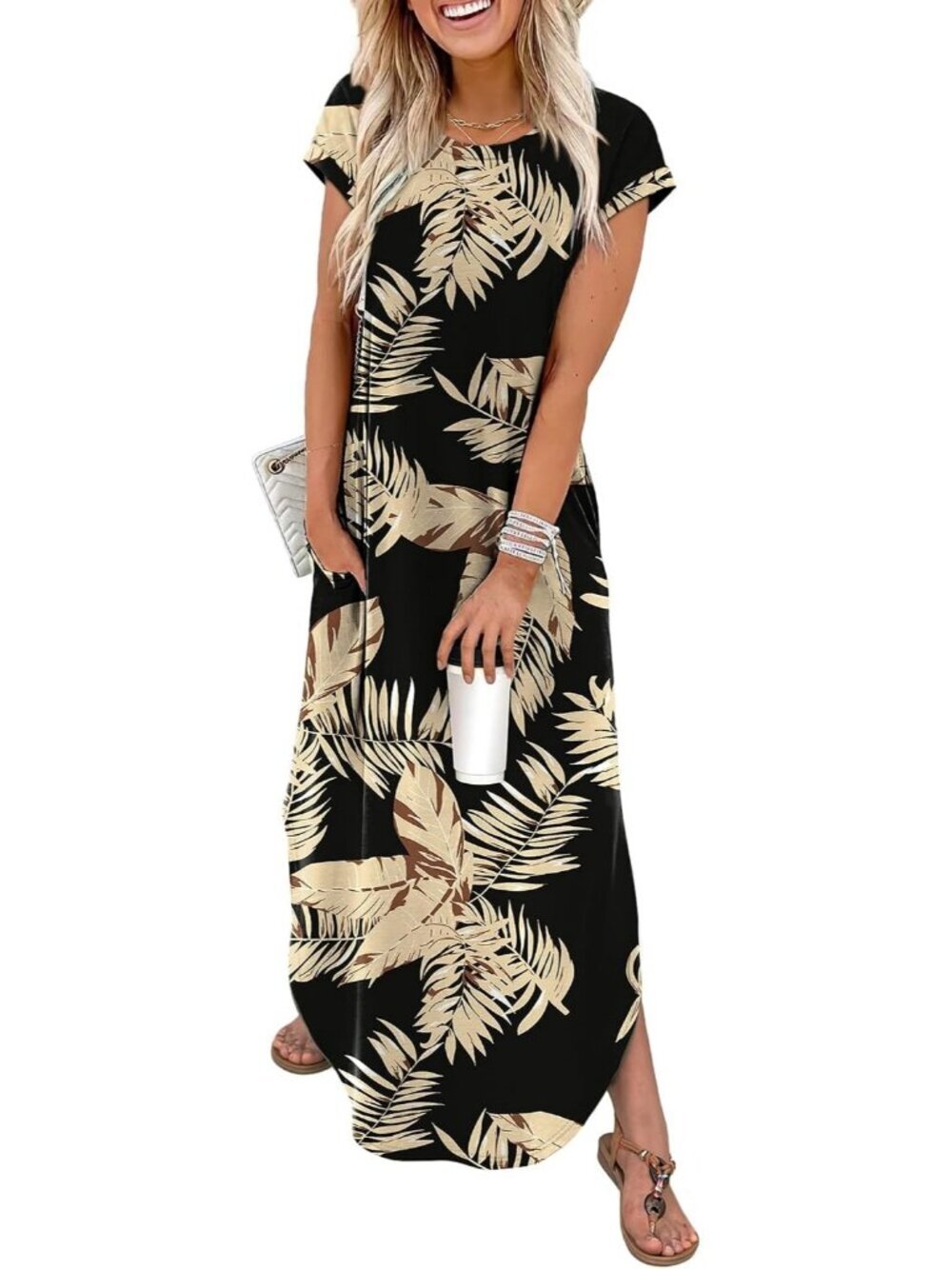 Women's Black Beige Tropical Leaves Cap Sleeve Crewneck Pockets Long Maxi Dress